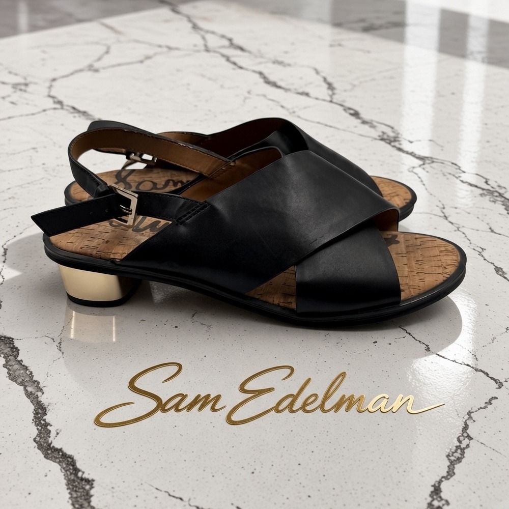 Sam Edelman Black Leather Slingback Sandals Gold Metallic Block Heel Size 8.5